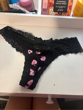 Victoria's Secret Black Lace Thong with Pink Heart Print